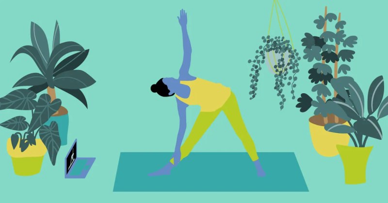 graphic of person doing yoga in front of laptop surrounded by plants