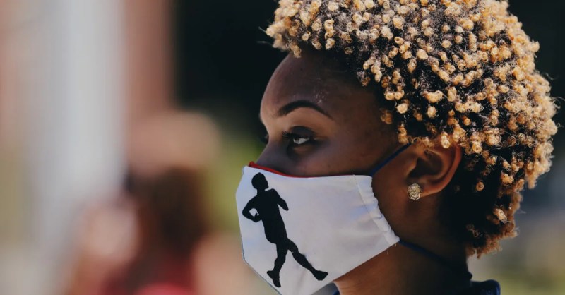 Protester wearing a jogger mask