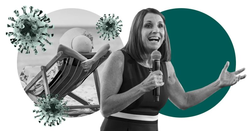 illustration of person sitting on beach chair next to McSally with virus symbols