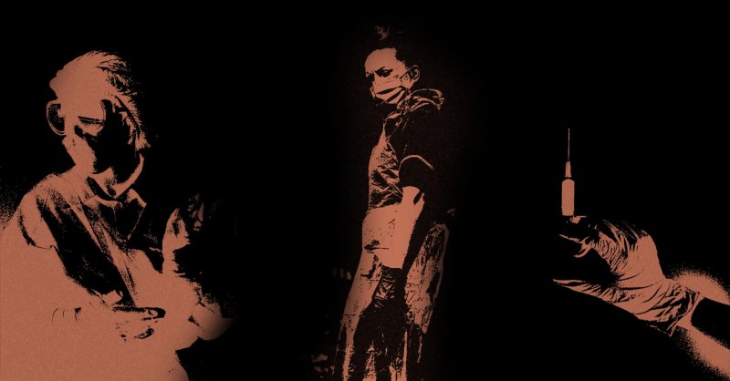 illustration of nurses shaded orange on black background