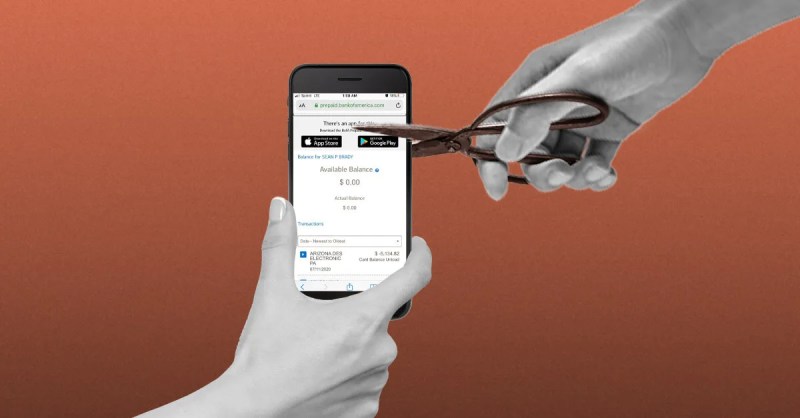 image of phone showing $0 account balance with scissors snipping it