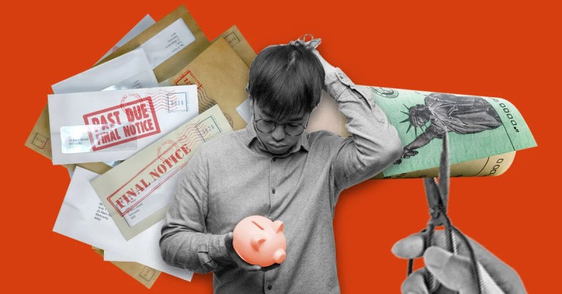 graphic of young boy looking at piggy bank surrounded by photos of bills