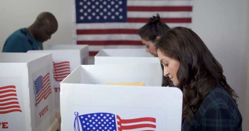 three people leaning into private voting booths