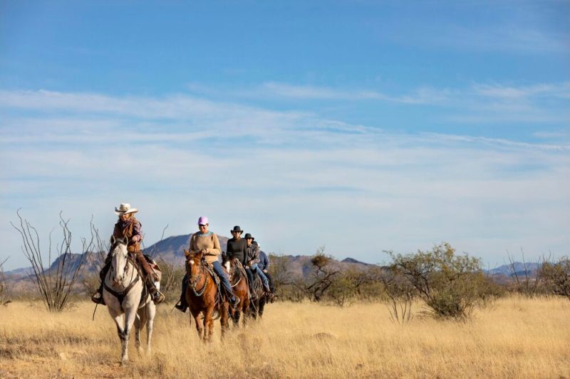 Three people riding horses in the desert.