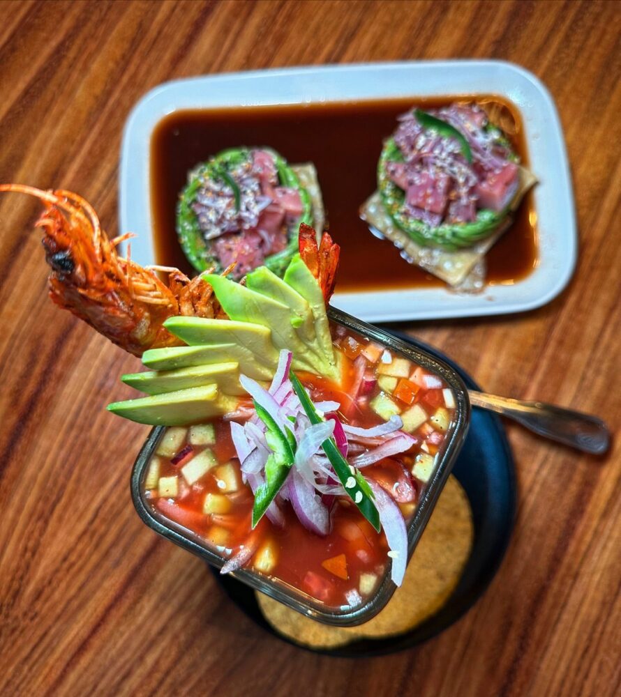 Tuna, shrimp, avocado, and vegetables artfully plated at La Frida restaurant in Tucson