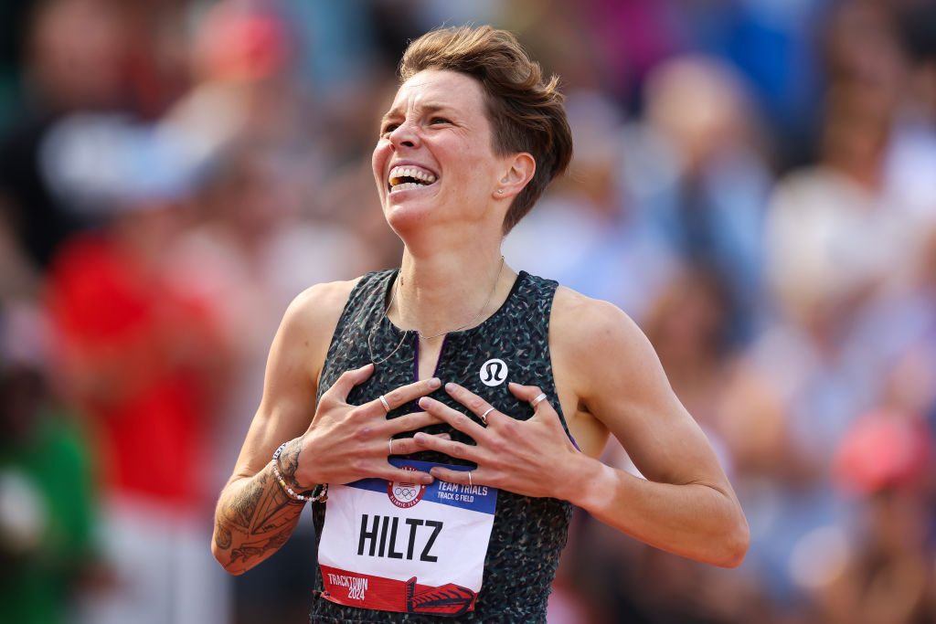 EUGENE, OREGON - JUNE 30: Nikki Hiltz reacts after winning in the women's 1500 meter final on Day Ten of the 2024 U.S. Olympic Team Track & Field Trials at Hayward Field on June 30, 2024 in Eugene, Oregon. (Photo by Christian Petersen/Getty Images)