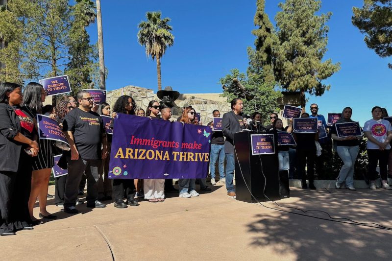 Martín Quezada, a former Democratic state lawmaker and the attorney for the Council on American-Islamic Relations of Arizona, speaks at a news conference alongside advocates for local immigrant rights organizations outside the statehouse in Phoenix