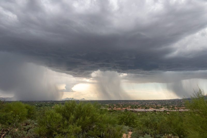 A monsoon in the Sonoran Desert with rain shafts or curtains coming down out of heavy dark gray clouds