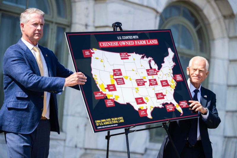 Sen. Roger Marshall, R-Kan., left, and White House trade advisor Peter Navarro holds a sign depicting Chinese owned farmland in the US