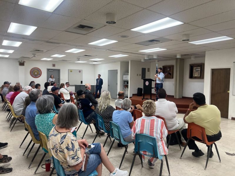 US Sen. Ruben Gallego speaks at a town hall in Globe on Aug. 11, 2025.