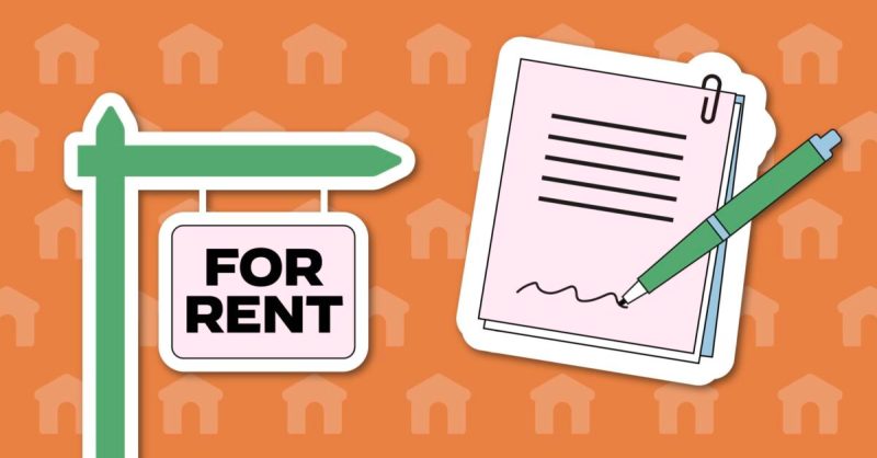 illustration showing a for rent sign and a paper with a pen