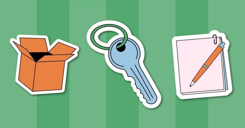 graphics of a box, key, and papers and pen