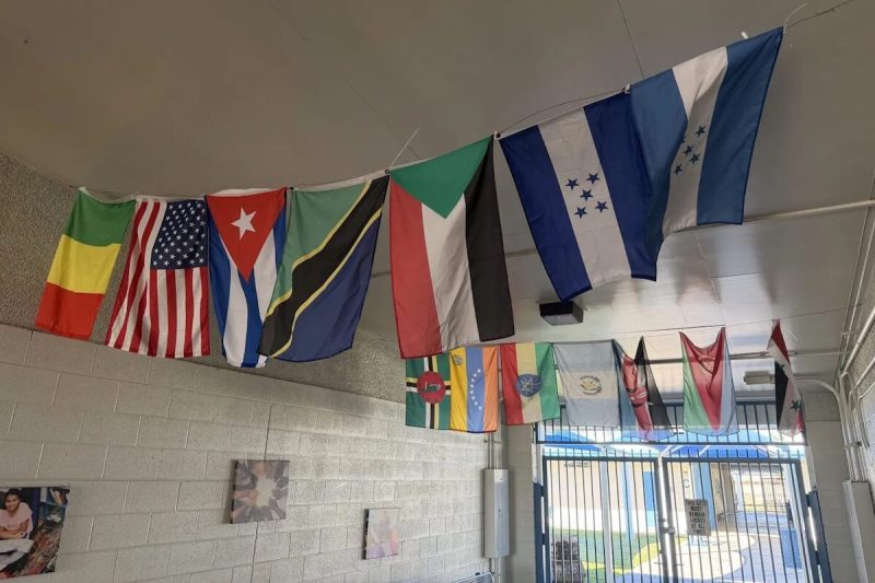 the ceiling of a school hallway with strings of international flags hanging from it