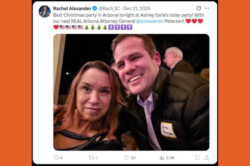 screenshot of a tweet showing Rachel Alexander and Warren Petersen taking a selfie